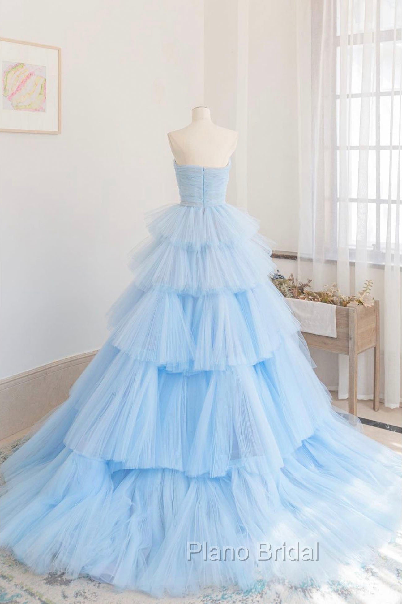 Blue Strapless Tulle Layers Long Formal Prom Dresses, A-Line Evening Dresses