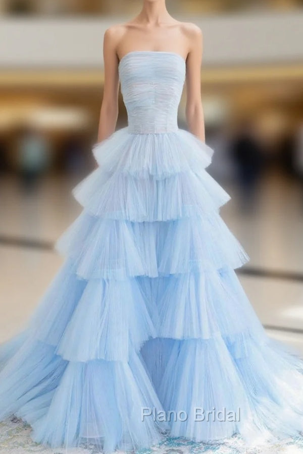 Blue Strapless Tulle Layers Long Formal Prom Dresses, A-Line Evening Dresses Main image