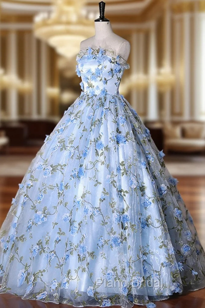 Blue Strapless Tulle Long Formal Prom Dresses, A-Line Evening Dresses Party Dresses