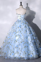 Blue Strapless Tulle Long Formal Prom Dresses, A-Line Evening Dresses Party Dresses