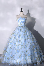 Blue Strapless Tulle Long Formal Prom Dresses, A-Line Evening Dresses Party Dresses