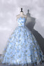 Blue Strapless Tulle Long Formal Prom Dresses, A-Line Evening Dresses Party Dresses