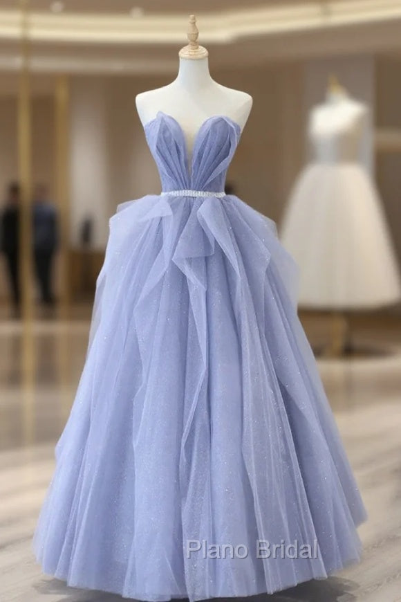 Blue Strapless Tulle Long Formal Prom Dresses, Lovely Sweetheart Neckline Evening Dresses Main image