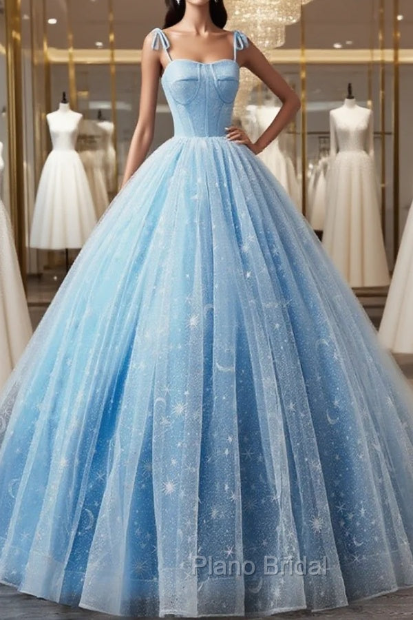 Blue Straps Tulle Floral Long Formal Prom Dresses, Blue Formal Dresses Party Dresses Secondary image