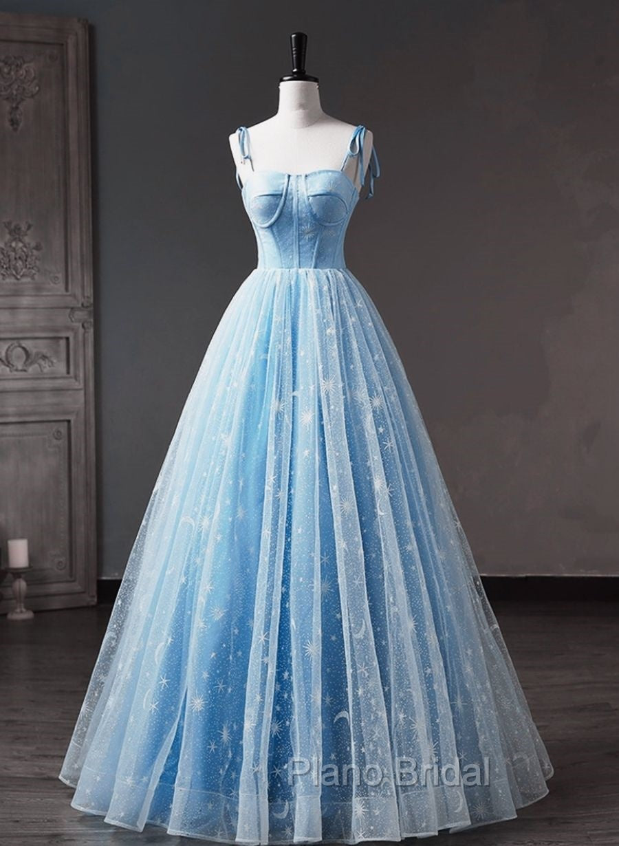 Blue Straps Tulle Floral Long Formal Prom Dresses, Blue Formal Dresses Party Dresses Main image