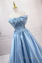 Blue Sweet A-Line Spaghetti Strap Satin Long Formal Prom Dresses Evening Party Dresses