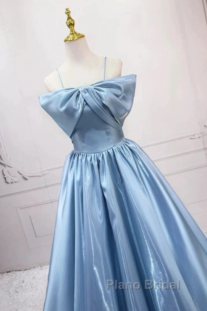 Blue Sweet A-Line Spaghetti Strap Satin Long Formal Prom Dresses Evening Party Dresses