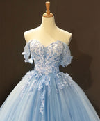 Blue Sweetheart Ball Gown Flowers Sweet 16 Dresses, Blue Off Shoulder Wedding Party Dresses