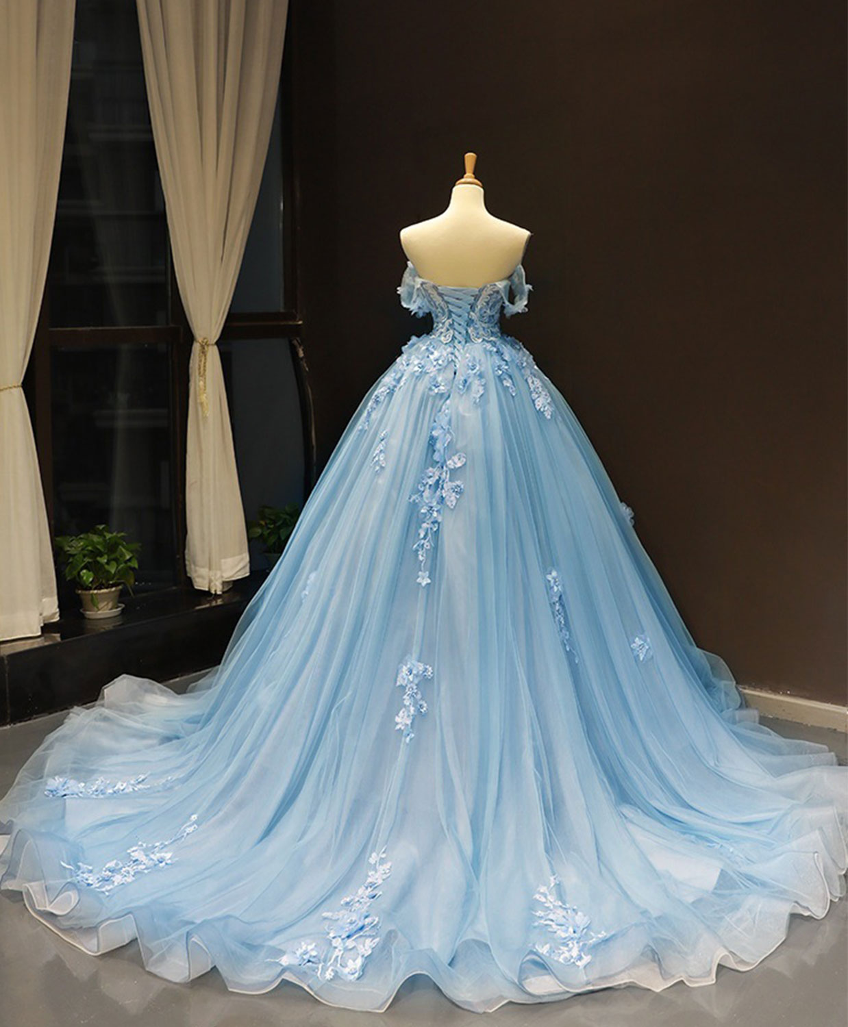 Blue Sweetheart Ball Gown Flowers Sweet 16 Dresses, Blue Off Shoulder Wedding Party Dresses