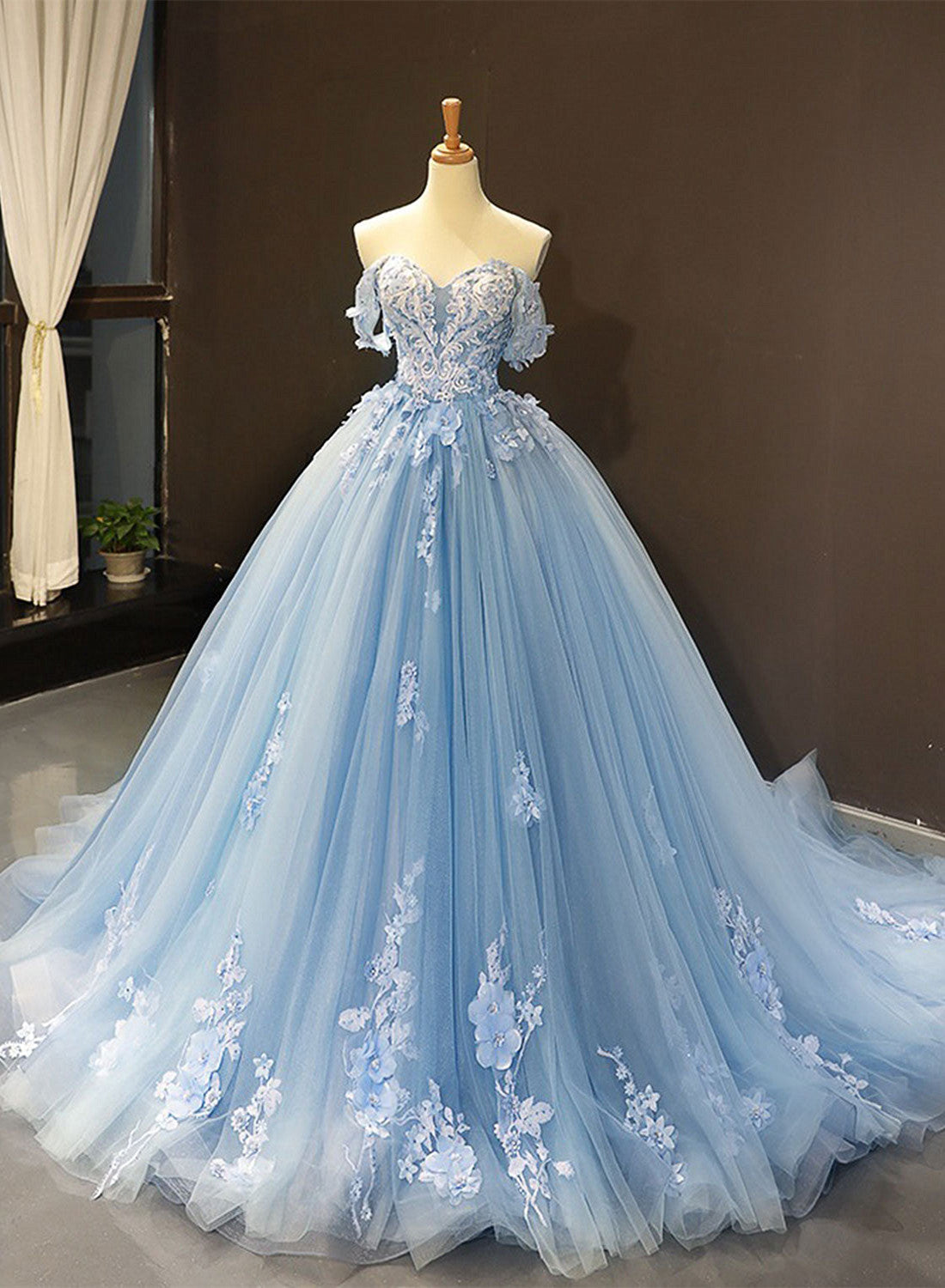 Blue Sweetheart Ball Gown Flowers Sweet 16 Dresses, Blue Off Shoulder Wedding Party Dresses