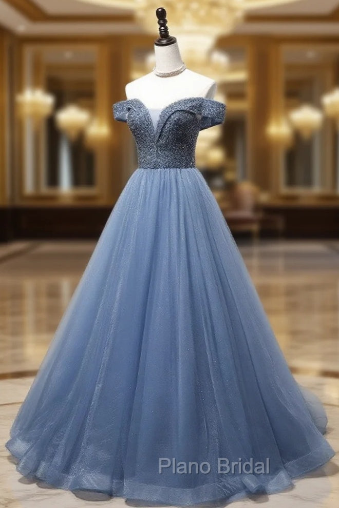 Blue Sweetheart Neck Beads Long Formal Prom Dresses, Blue Tulle Formal Dresses With Beading Sequin Main image