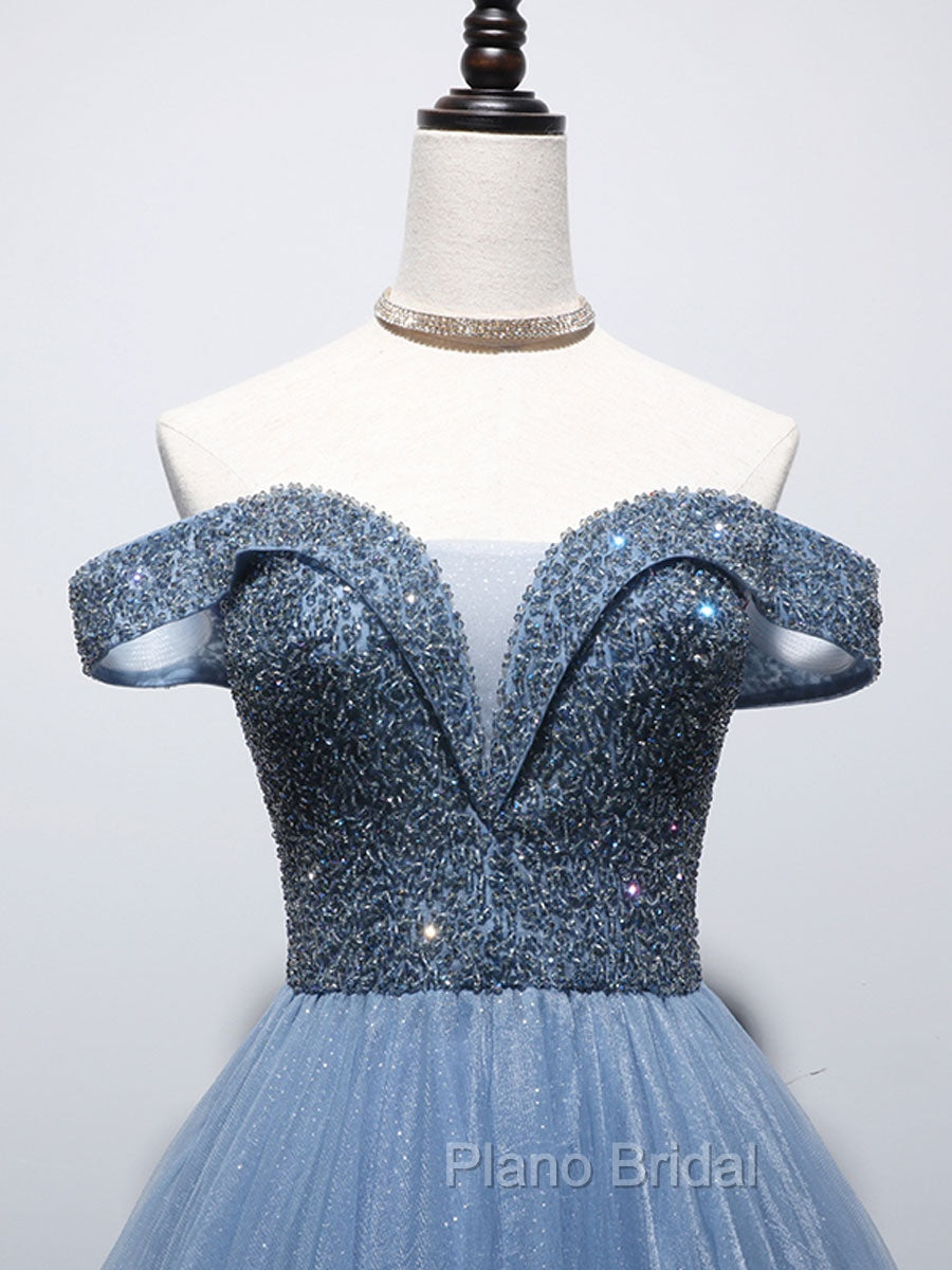 Blue Sweetheart Neck Beads Long Formal Prom Dresses, Blue Tulle Formal Dresses With Beading Sequin