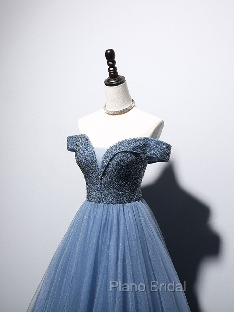 Blue Sweetheart Neck Beads Long Formal Prom Dresses, Blue Tulle Formal Dresses With Beading Sequin