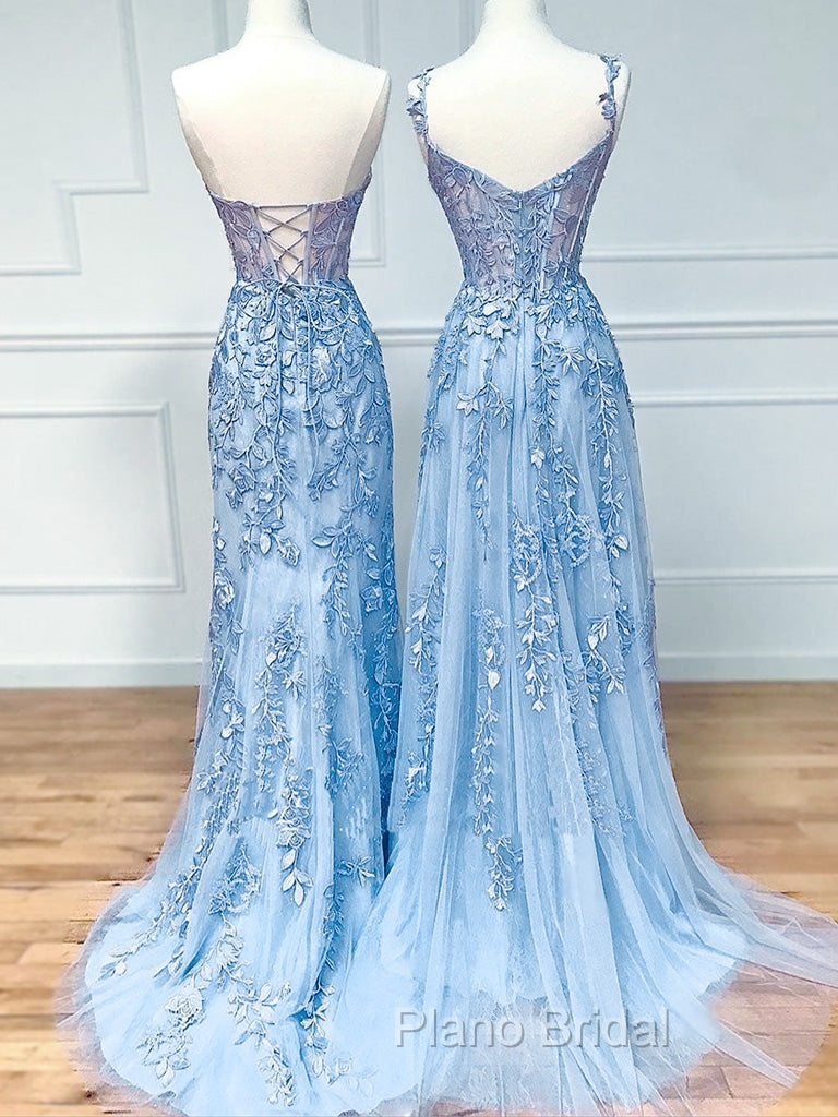 Blue Sweetheart Neck Lace Long Formal Prom Dresses, Blue A-line Lace Graduation Dresses