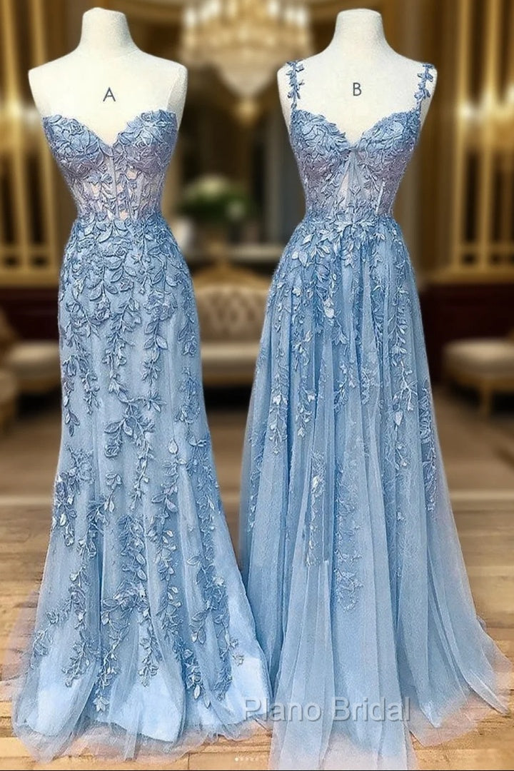 Blue Sweetheart Neck Lace Long Formal Prom Dresses, Blue A-line Lace Graduation Dresses Main image