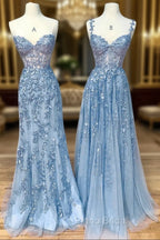 Blue Sweetheart Neck Lace Long Formal Prom Dresses, Blue A-line Lace Graduation Dresses
