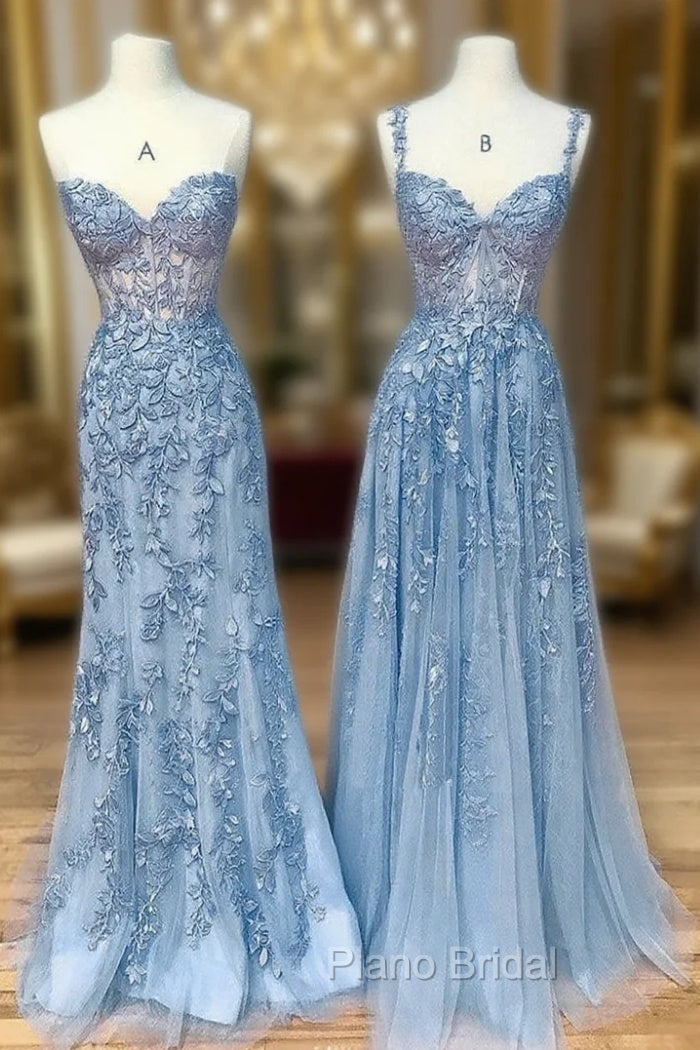 Blue Sweetheart Neck Lace Long Formal Prom Dresses, Blue Lace Graduation Dresses Main image