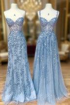 Blue Sweetheart Neck Lace Long Formal Prom Dresses, Blue Lace Graduation Dresses