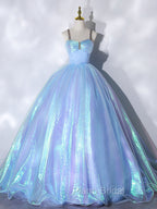 Blue Sweetheart Neck Long Formal Prom Dresses, Unique Blue Sweet 16 Dresses