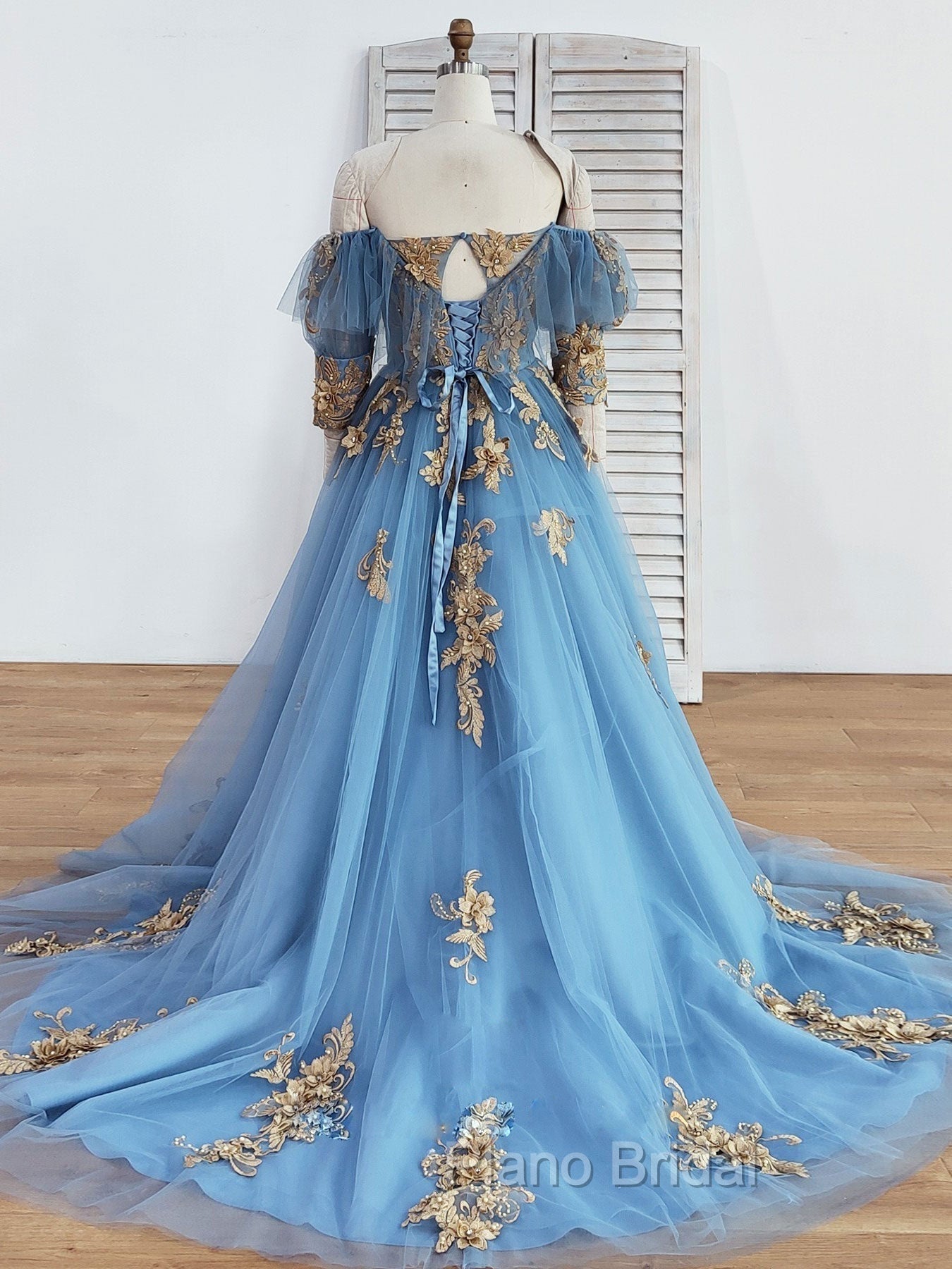 Blue Sweetheart Neck Off Shoulder Long Formal Prom Dresses, Lace Evening Dresses