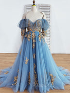 Blue Sweetheart Neck Off Shoulder Long Formal Prom Dresses, Lace Evening Dresses