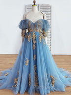 Blue Sweetheart Neck Off Shoulder Long Formal Prom Dresses, Lace Evening Dresses