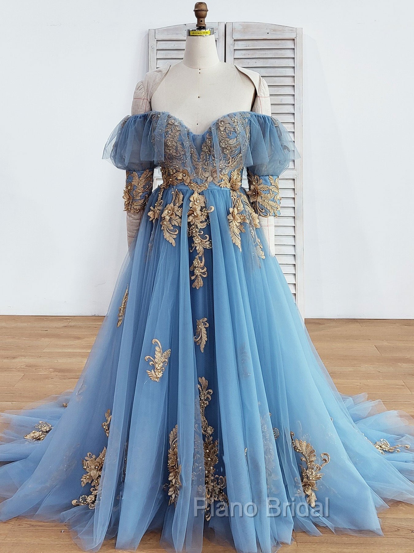 Blue Sweetheart Neck Off Shoulder Long Formal Prom Dresses, Lace Evening Dresses
