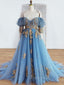 Blue Sweetheart Neck Off Shoulder Long Formal Prom Dresses, Lace Evening Dresses