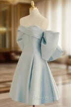 Blue Sweetheart Neck Satin Short Formal Prom Dresses, Blue Homecoming Dresses