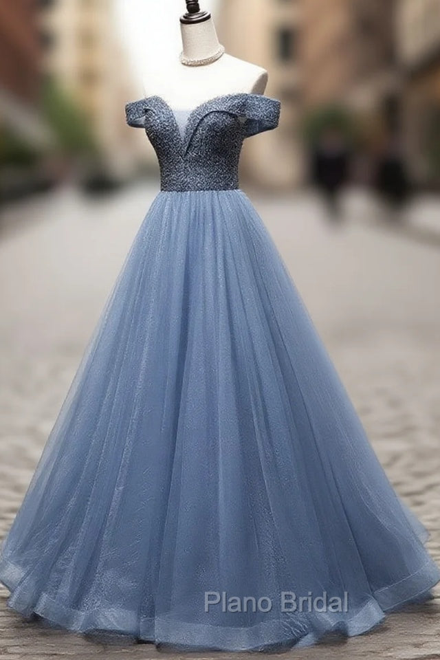 Blue Sweetheart Neck Tulle Beads Off Shoulder Long Formal Prom Dresses Secondary image