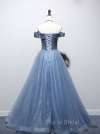 Blue Sweetheart Neck Tulle Beads Off Shoulder Long Formal Prom Dresses