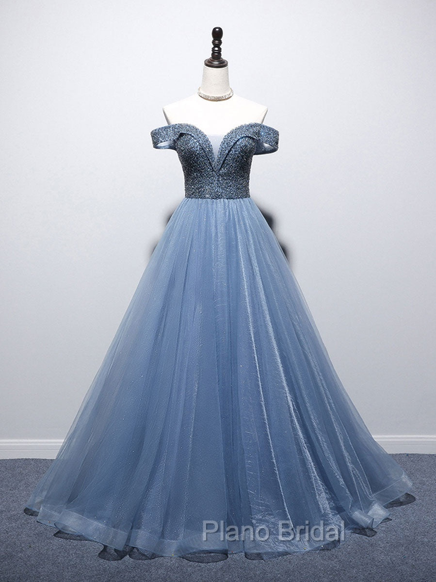 Blue Sweetheart Neck Tulle Beads Off Shoulder Long Formal Prom Dresses Main image
