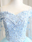 Blue Sweetheart Neck Tulle Lace Long Formal Prom Dresses, Blue Evening Dresses