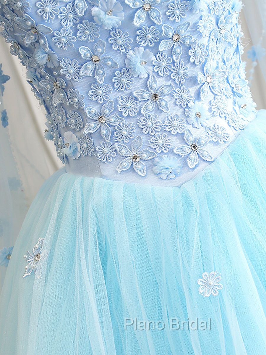 Blue Sweetheart Neck Tulle Lace Long Formal Prom Dresses, Blue Evening Dresses
