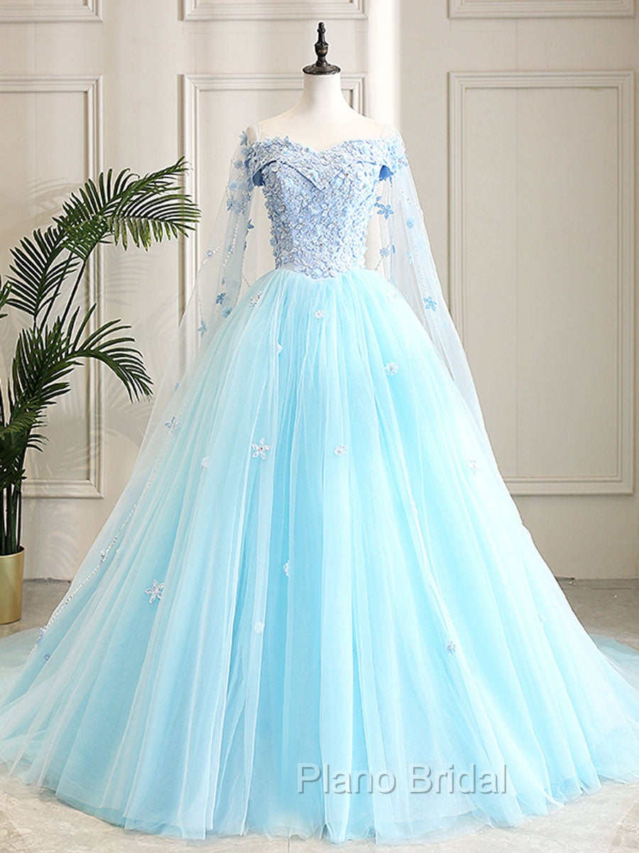 Blue Sweetheart Neck Tulle Lace Long Formal Prom Dresses, Blue Evening Dresses