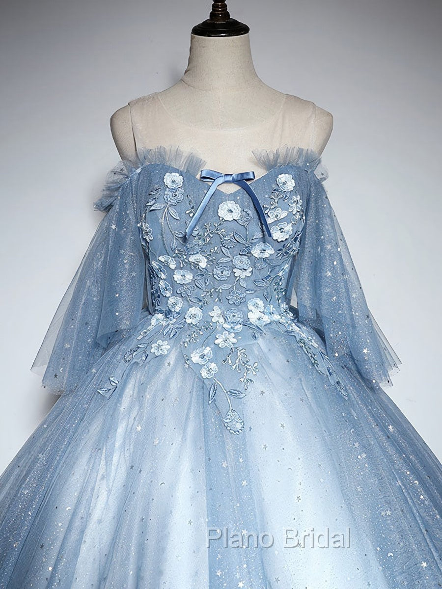 Blue Sweetheart Neck Tulle Lace Long Formal Prom Dresses, Blue Evening Dresses Secondary image