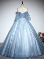Blue Sweetheart Neck Tulle Lace Long Formal Prom Dresses, Blue Evening Dresses