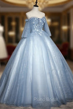 Blue Sweetheart Neck Tulle Lace Long Formal Prom Dresses, Blue Evening Dresses
