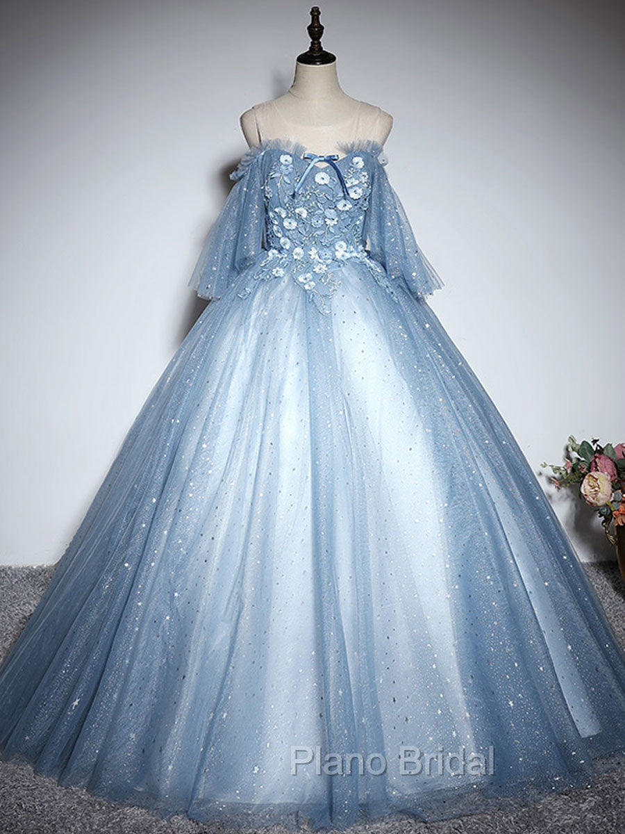 Blue Sweetheart Neck Tulle Lace Long Formal Prom Dresses, Blue Evening Dresses Main image