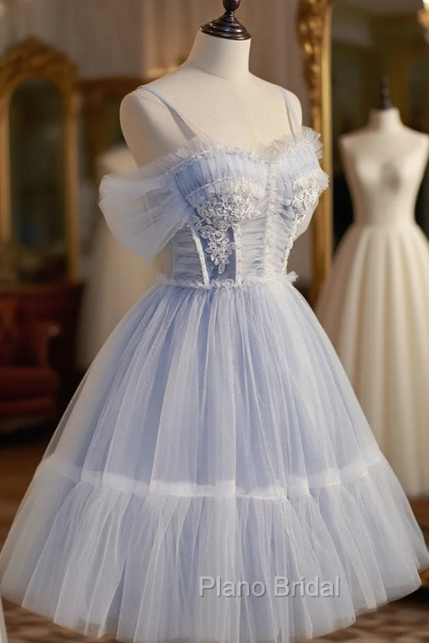 Blue sweetheart neck tulle lace short Formal Prom Dresses blue puffy homecoming Dresses