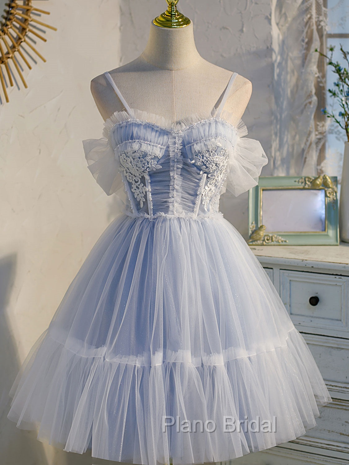 Blue sweetheart neck tulle lace short Formal Prom Dresses blue puffy homecoming Dresses
