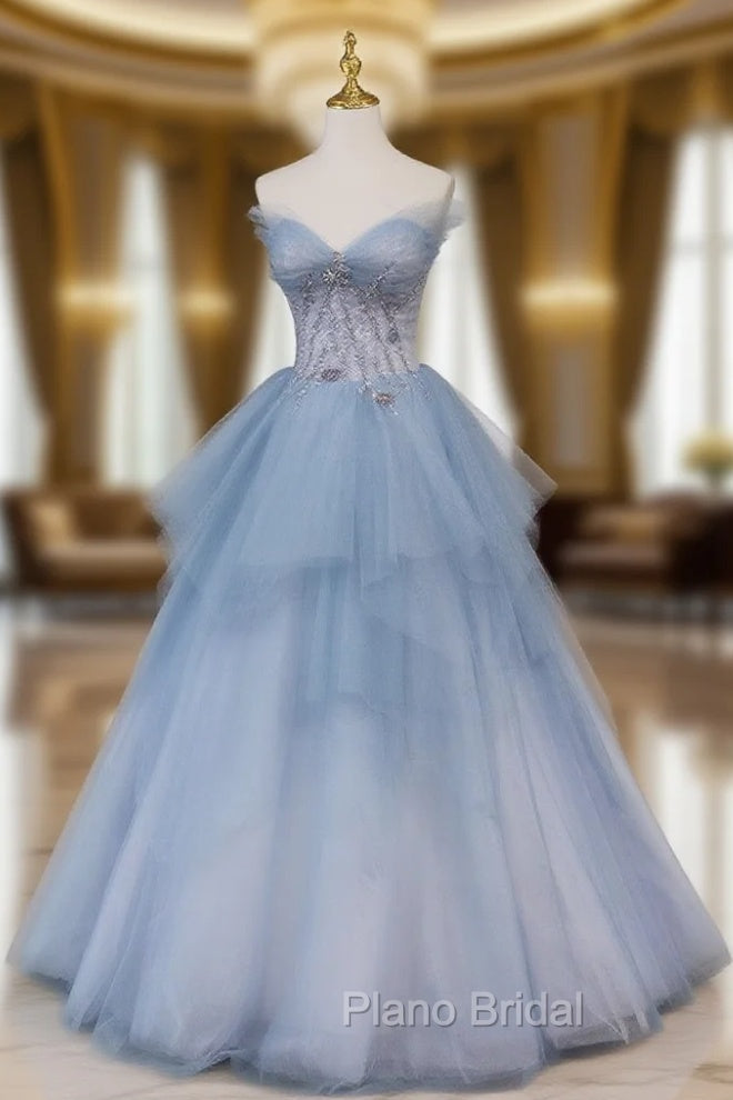 Blue Sweetheart Neck Tulle Long Formal Prom Gown, Blue Long Formal Graduation Dresses Main image