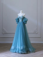 Blue Sweetheart Off Shoulder Long Party Dresses, Blue Tulle Formal Prom Dresses