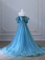 Blue Sweetheart Off Shoulder Long Party Dresses, Blue Tulle Formal Prom Dresses
