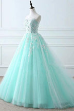 Blue Sweetheart Puffy Tulle Formal Prom with Lace Appliques Long Graduation Dresses
