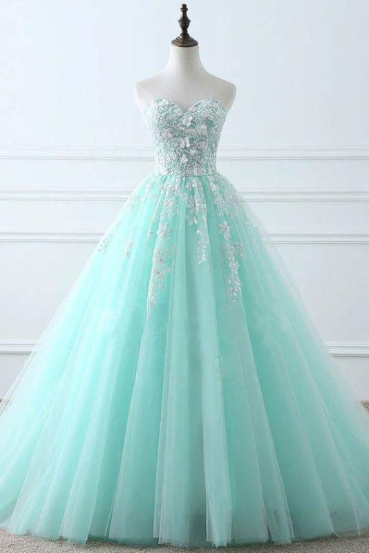 Blue Sweetheart Puffy Tulle Formal Prom with Lace Appliques Long Graduation Dresses Main image