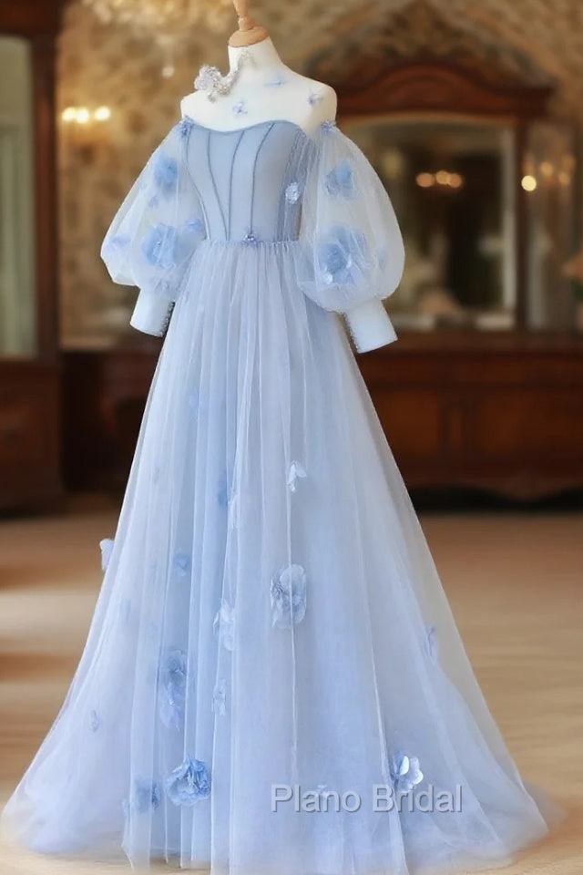 Blue Sweetheart Tulle 3D Flower Long Formal Prom Dresses, Blue Evening Dresses