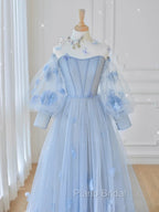 Blue Sweetheart Tulle 3D Flower Long Formal Prom Dresses, Blue Evening Dresses