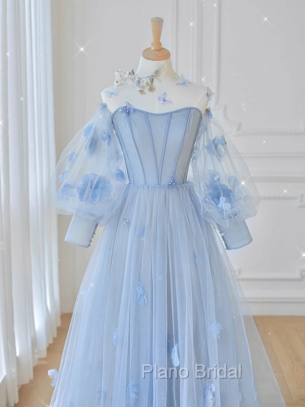 Blue Sweetheart Tulle 3D Flower Long Formal Prom Dresses, Blue Evening Dresses
