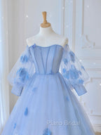 Blue Sweetheart Tulle 3D Flower Long Formal Prom Dresses, Blue Evening Dresses